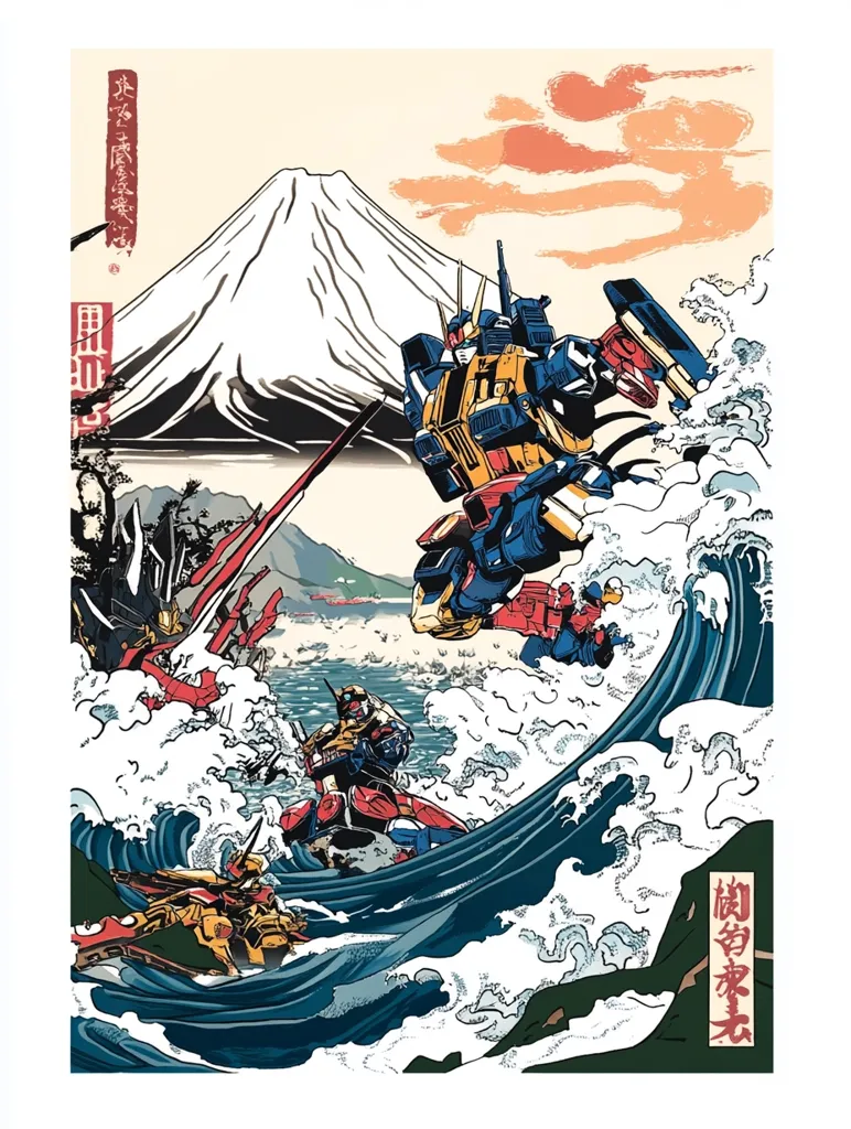 This vibrant artwork is a stunning fusion of Japanese Ukiyo-e style and mecha anime.  Mount Fuji forms a dramatic backdrop to a scene of powerful robots battling amidst crashing waves.  The color palette is bold and saturated, echoing traditional woodblock prints while showcasing detailed mecha designs. The composition is dynamic, with the robots appearing both powerful and caught in the tumultuous sea, creating a captivating visual narrative.  The Japanese characters add to the authentic aesthetic.