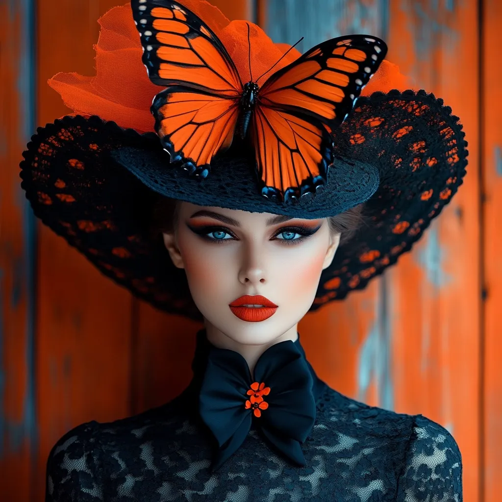 A striking woman with bold makeup gazes directly at the camera. She wears a wide-brimmed black lace hat adorned with a large, vibrant orange monarch butterfly.  Her dark, lacey dress complements the hat, and a dark bow with orange floral accents sits at her neck. The backdrop is a blurred orange-toned wooden surface, creating a dramatic contrast with her attire. The overall image is one of elegant, theatrical beauty.