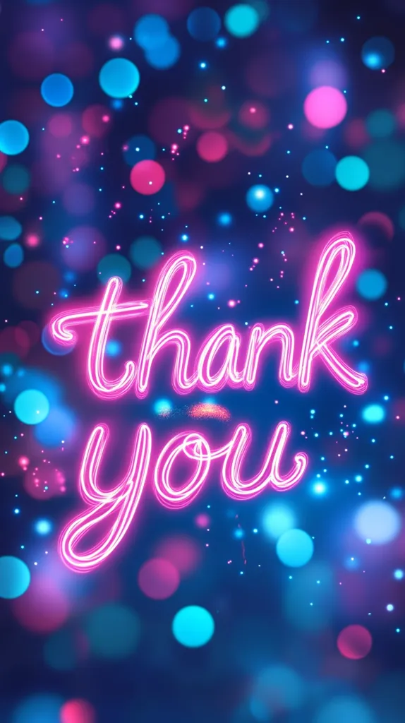 Here's a description of the image:

The image showcases a vibrant neon pink "Thank You" message against a backdrop of blurred, multicolored bokeh lights.  The lights are predominantly shades of blue and pink, creating a dreamy, festive atmosphere. The neon lettering is stylized with a slightly uneven, hand-drawn feel, adding a touch of warmth to the otherwise modern aesthetic. Tiny sparkles are scattered throughout the background, enhancing the overall feeling of light and celebration. The overall effect is cheerful and expressive, ideal for a thank-you note or greeting.