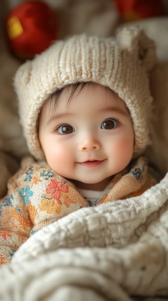 Here is a description of the image:

An adorable baby, possibly of Asian descent, is nestled in a cozy, off-white knitted blanket. The baby wears a cream-colored knitted hat with bear-ear details and a delicate, floral-patterned sweater.  Their large, dark eyes and rosy cheeks are prominent features of their sweet, smiling face. The background is blurred, but hints of red objects, possibly decorative, are visible. The overall image evokes feelings of warmth, comfort, and innocence.