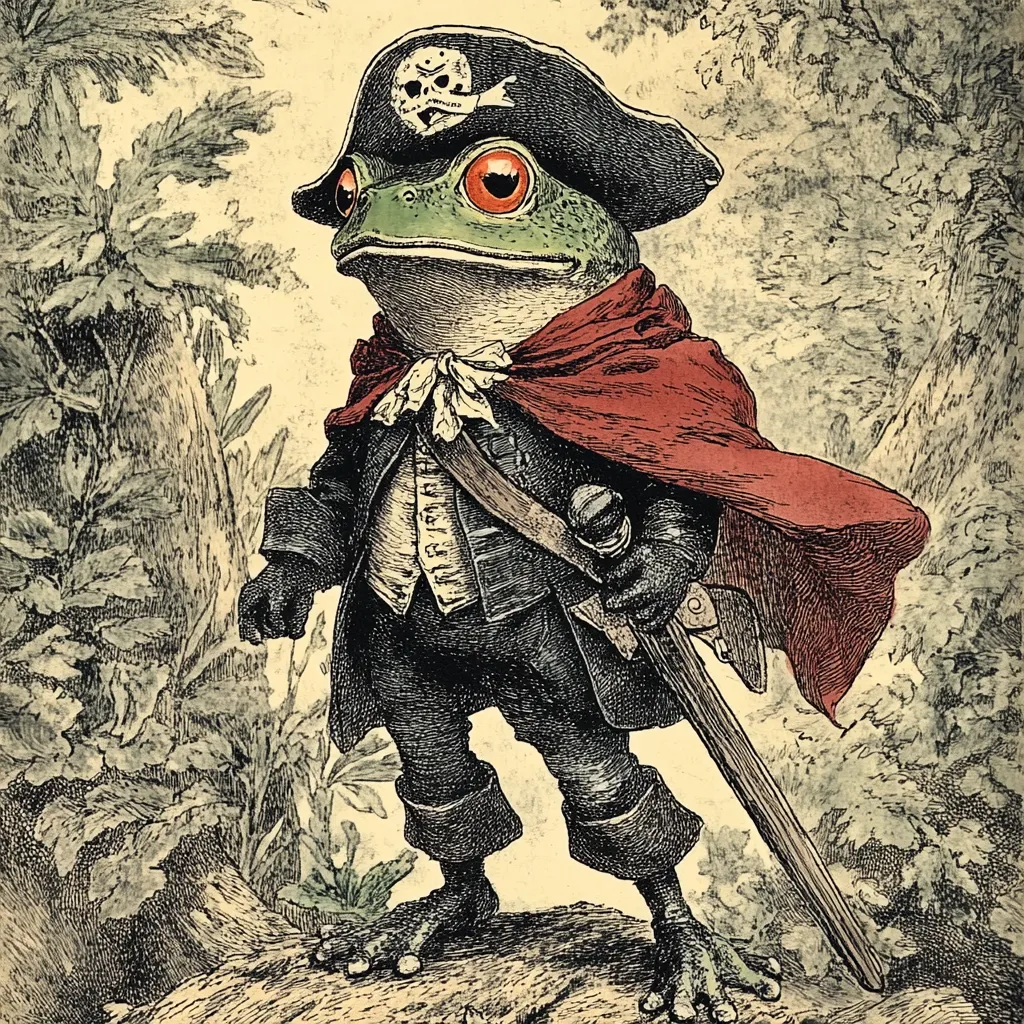 Here is a description of the image:

The illustration depicts an anthropomorphic frog, dressed in 18th-century attire.  He wears a tricorn hat adorned with a skull and crossbones, a dark-colored coat and breeches, a red cape, and carries a sword.  His expression is serious and almost regal. The frog stands on a rock in a wooded setting, the background rendered in sepia tones emphasizing the leaves and trees. The style is reminiscent of antique book illustrations or children's literature, with detailed linework and a slightly vintage color palette.  The overall impression is one of whimsical adventure and possibly a pirate theme.