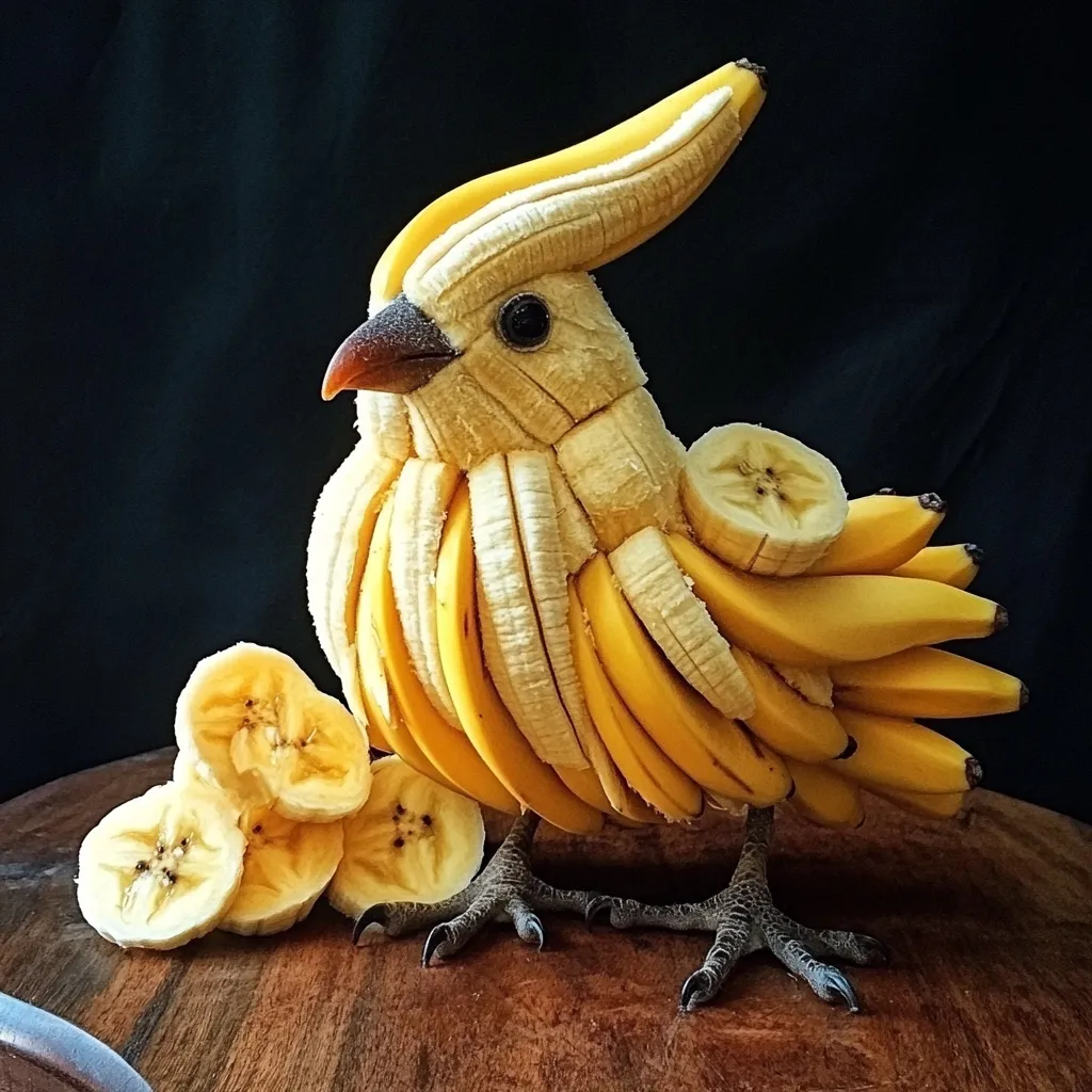A meticulously crafted bird, constructed entirely from bananas, sits on a dark wooden surface.  The bird's body and plumage are formed from numerous precisely sliced and arranged banana pieces, while its legs are sculpted separately.  Several additional banana slices are positioned near the base, adding to the overall artistic presentation against a black background. The image showcases impressive fruit carving skill.