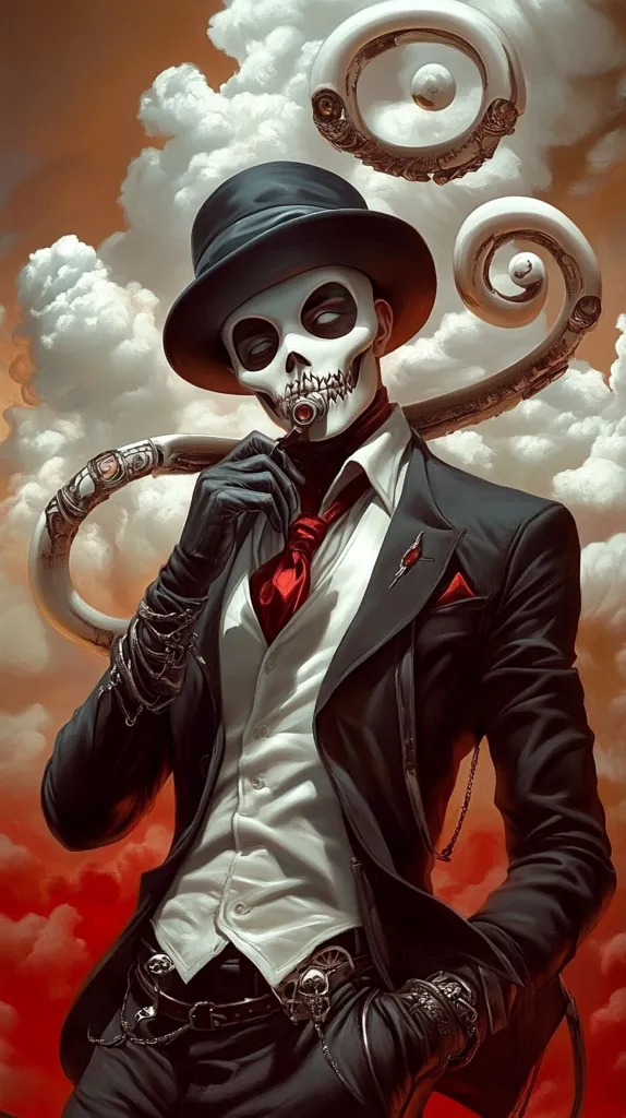 The image showcases a skull-faced figure, elegantly dressed in a black suit, waistcoat, and top hat.  A red cravat adds a splash of color to the otherwise monochromatic attire.  He holds a cigar, his expression inscrutable. A stylized, ornate, mechanical appendage curves behind him against a backdrop of dramatic red and orange clouds.  The overall style is dark, fantastical, and hints at steampunk influences.