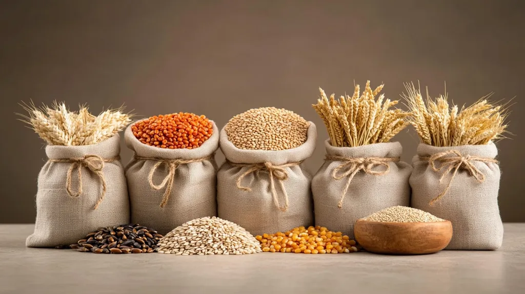 Five burlap sacks filled with various grains and legumes are arranged on a table.  From left to right, they contain wheat stalks, red lentils, quinoa, wheat stalks, and another sack filled out of frame. In front are piles of additional grains:  black seeds, white rice, and corn kernels. A small wooden bowl holds a portion of quinoa. The background is a muted brown. The overall image evokes a sense of abundance and agricultural bounty.