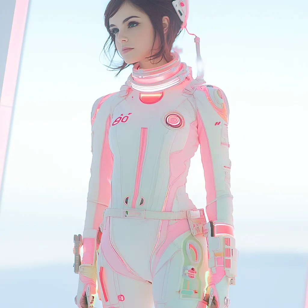 The image showcases a woman in a meticulously detailed pink and white spacesuit. The suit features glowing pink accents, suggesting a futuristic or sci-fi setting. The cosplayer's pose and expression convey a sense of confidence and preparedness.  The bright, almost ethereal background enhances the futuristic aesthetic of the costume and the overall scene. The number "90" is visible on her chest.