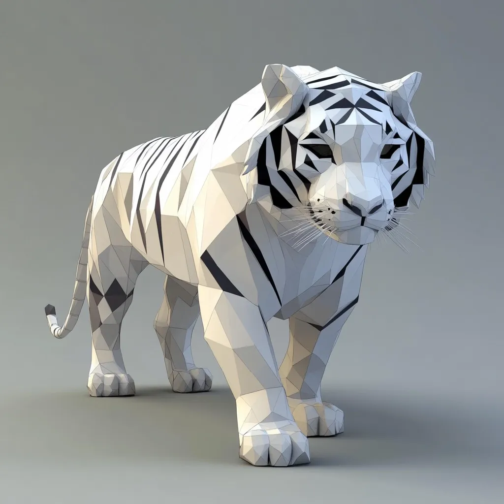 Here's a description of the image:

The image shows a low-poly rendering of a white tiger.  The tiger is depicted in a walking stance, its body composed of numerous interconnected polygons, creating a geometric, almost papercraft-like effect. The white fur is contrasted by black lines outlining the polygons, defining the tiger's stripes and musculature.  The rendering is highly detailed, capturing the animal's powerful presence despite its angular style. The background is a simple, neutral gray, focusing all attention on the tiger itself.