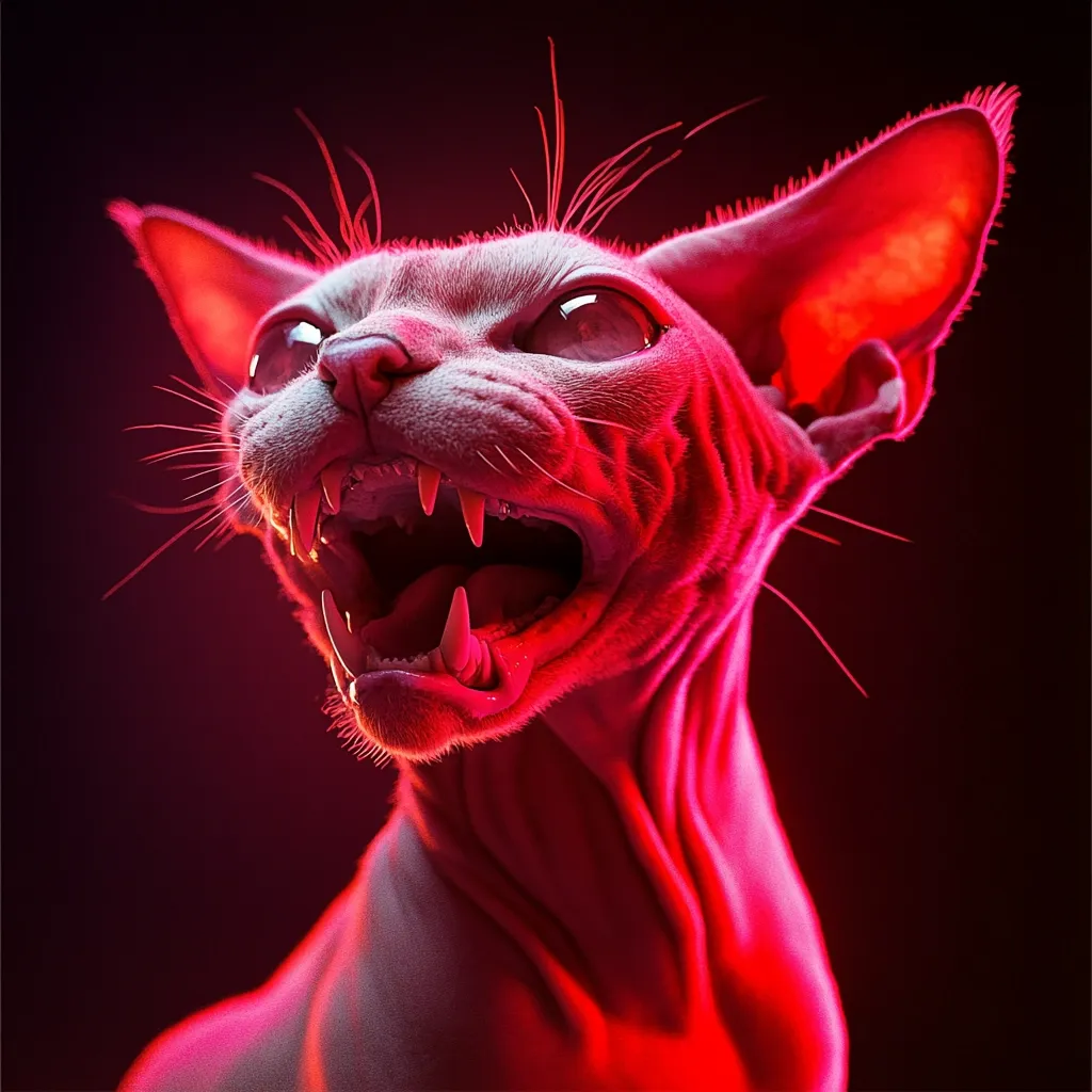 Close-up view of a Sphynx cat with its mouth wide open, revealing sharp teeth. The cat appears aggressive or startled.  The image is dramatically lit in vibrant red, casting a stark contrast against a dark background. The cat's hairless skin and prominent features are accentuated by the lighting, creating a striking and somewhat unsettling effect. The overall mood is intense and dramatic.