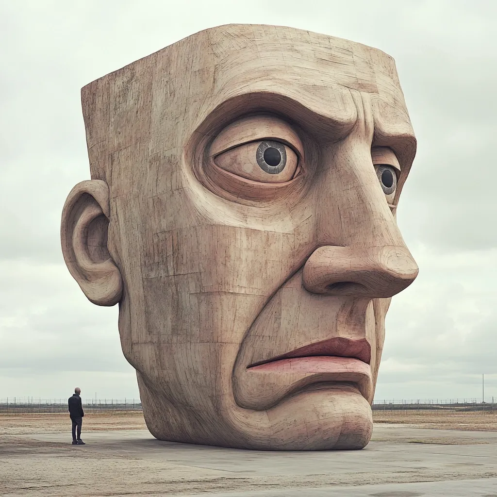 Here is a description of the image:

A colossal, weathered-wood sculpture of a man's head dominates the scene. Its features are exaggerated – a large nose, heavy brow, and downturned mouth conveying a somber expression. The head is constructed from numerous, visibly joined wooden panels, giving it a textured, almost fragmented appearance.  A lone figure, small in comparison, stands in the foreground providing a sense of scale. The background is a flat, barren landscape under a cloudy sky. The overall tone is one of starkness and contemplation.