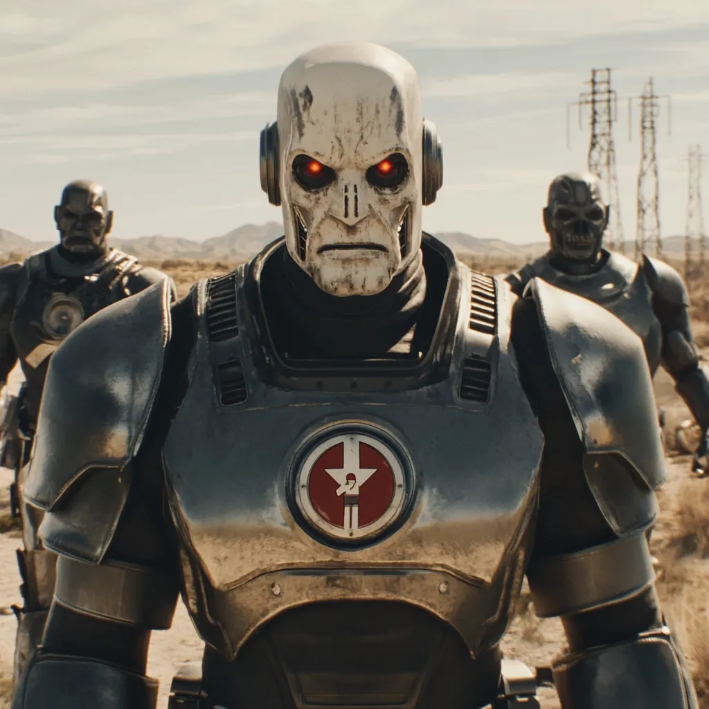 The image shows a close-up of a metallic, humanoid robot, its face a weathered, skull-like mask with glowing red eyes.  It wears heavy, armored plating adorned with a circular emblem featuring a red symbol on a dark background. Two similar, but less detailed, robots are visible in the background walking across a barren, desert landscape under a pale sky. The overall aesthetic is gritty and post-apocalyptic.