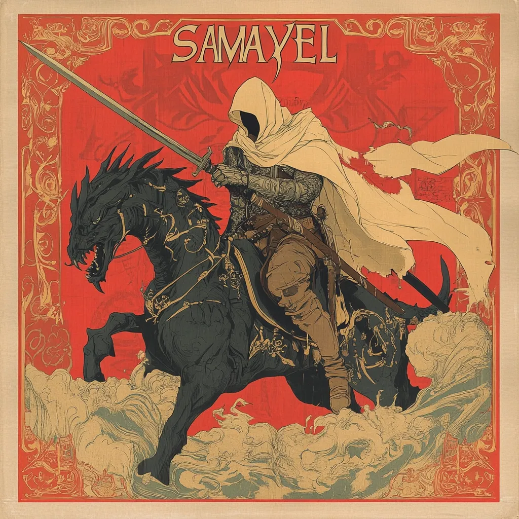 Here's a description of the image:

The artwork depicts a hooded figure, cloaked in white, riding a dark, stylized horse.  The rider, seemingly a knight in armor, wields a long sword.  The horse is powerful and demonic-looking, with exaggerated features. They charge forward across a turbulent, wave-like background, set against a vibrant red backdrop.  An ornate, Art Nouveau-style frame surrounds the central scene, featuring swirling patterns and flourishes.  The word "SAMAYEL" is prominently displayed at the top, suggesting a title or name.  The overall style is a blend of fantasy and Art Nouveau, with a dark, dramatic tone.