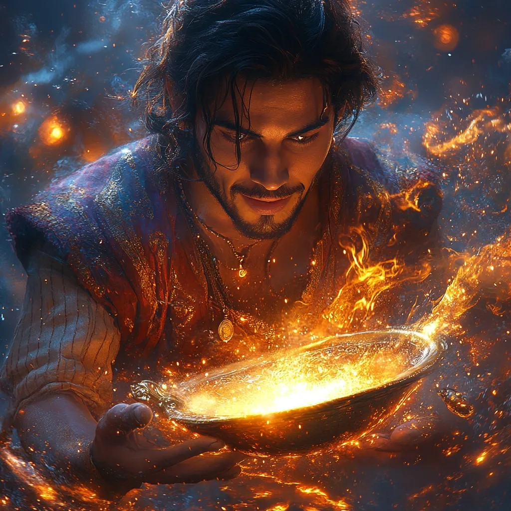 Here's a description of the image:

The image is a stylized portrait of Mena Massoud as Aladdin from the 2019 live-action film. He is shown from the chest up, his dark eyes intense as he gazes down at a glowing, ornate bowl in his hands.  The bowl emits fiery sparks and embers, suggesting magical energy. Aladdin's expression is serious and focused, his dark hair framing a strong jawline and beard. He wears a richly colored, detailed vest, and a gold necklace is visible around his neck. The background is a swirling mix of dark blues and fiery oranges, enhancing the mystical atmosphere. The overall style is dramatic and fantastical, emphasizing the magical aspects of the character.