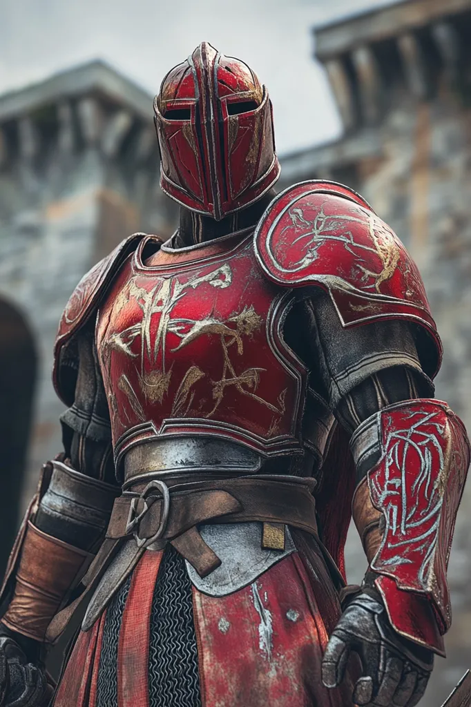 Here's a description of the image:

Close-up view of a figure clad in meticulously crafted, crimson-red armor. The armor displays intricate detailing, including gold-colored patterns and designs etched onto the surface, suggesting age and wear. The helmet is closed, concealing the face, and features a similar red and gold design. The armor includes shoulder pauldrons, gauntlets, and a visible belt.  The background is blurred, showing a stone structure, possibly a castle or fortress, suggesting a medieval or fantasy setting. The overall impression is one of power, strength, and a sense of historical or fictional grandeur.