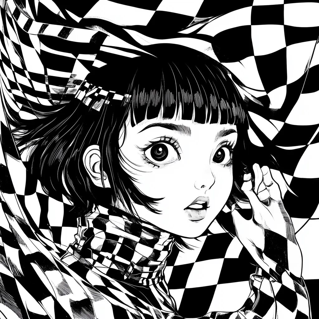 Here's a description of the image:

The illustration is a striking black and white close-up of a young woman with anime-style features. She has short, blunt bangs and large, expressive eyes. Her mouth is slightly open in a surprised or slightly fearful expression.  She's partially obscured by a large, dramatically flowing checkered fabric, reminiscent of a racing flag, that surrounds her. The fabric's pattern is bold and contrasts sharply with the detailed rendering of her face and hair. The style is reminiscent of manga or graphic novels, with heavy use of shading and line work to create depth and texture.  The overall mood is dramatic and slightly unsettling.