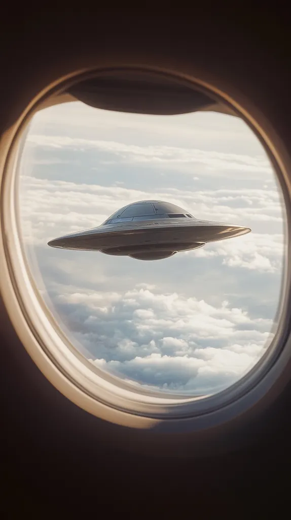 Here is a description of the image:

The image shows a classic flying saucer-shaped UFO viewed through an airplane window.  The UFO is centrally positioned against a backdrop of fluffy white clouds, illuminated by soft, natural light suggesting either sunrise or sunset. The airplane window is oval, with a slightly darkened interior frame contrasting with the bright, airy scene outside. The overall mood is one of peaceful mystery and quiet wonder.