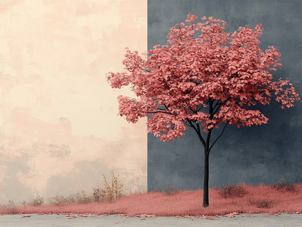 A digitally rendered image depicts a single, small tree with coral-colored leaves standing against a two-toned wall.  The wall is divided vertically; a pale peach section to the left and a dark slate gray to the right.  The ground is covered in similarly hued, low-lying vegetation.  The overall aesthetic is serene and slightly surreal, with a muted color palette and a focus on the tree as a central element against a textured background.  The scene suggests a quiet, perhaps melancholic mood.