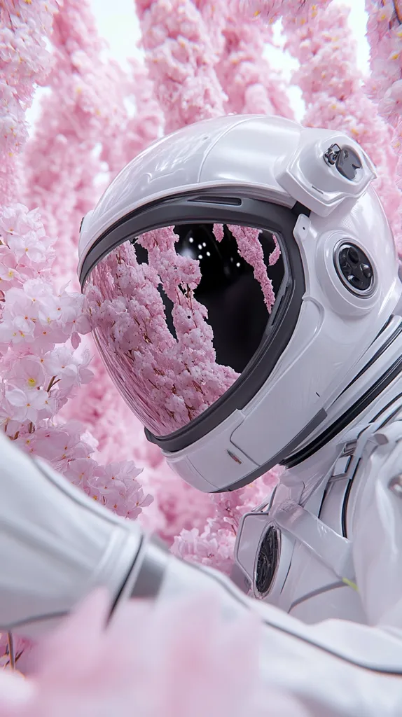 Here's a description of the image:

Close-up view of an astronaut's helmet, predominantly white, nestled amongst a profusion of vibrant pink cherry blossoms. The helmet's visor reflects the blossoms, creating a mirrored effect of the surrounding floral landscape.  The astronaut's suit, also white, is partially visible, suggesting a serene and otherworldly scene. The overall aesthetic is dreamlike and peaceful, contrasting the technological elements with the delicate beauty of nature.  The soft lighting enhances the pastel tones, creating a gentle, almost ethereal atmosphere.