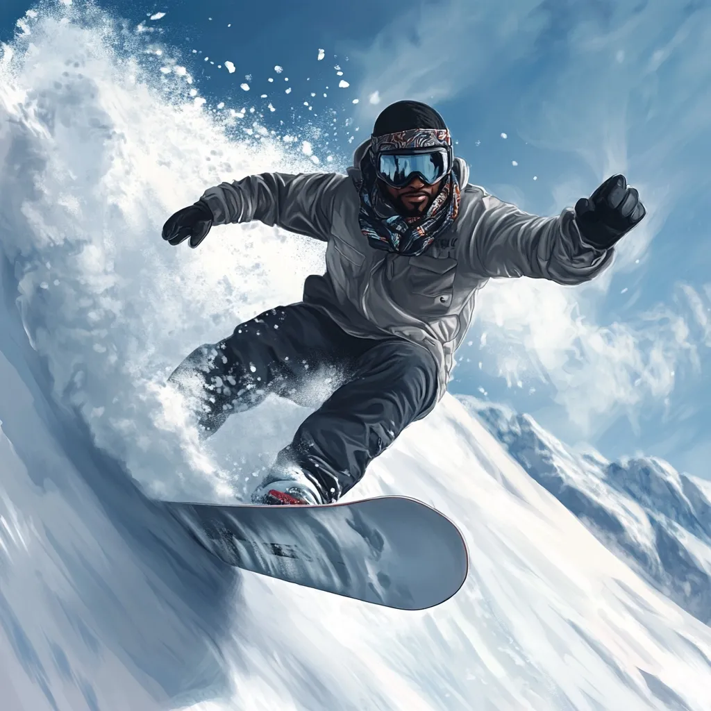 Here's a description of the image:

A dynamic illustration depicts a snowboarder carving through a snowy mountain slope.  The snowboarder, a dark-skinned man wearing a grey jacket, goggles, and a patterned neck warmer, is captured mid-air, his body angled sharply as he navigates a steep, powdery descent.  Snow sprays around him, highlighting the speed and energy of his movement. The background features a bright, clear sky and distant, snow-covered mountain peaks, enhancing the sense of exhilarating outdoor adventure. The overall style is realistic, yet vibrant, capturing the thrill of snowboarding.