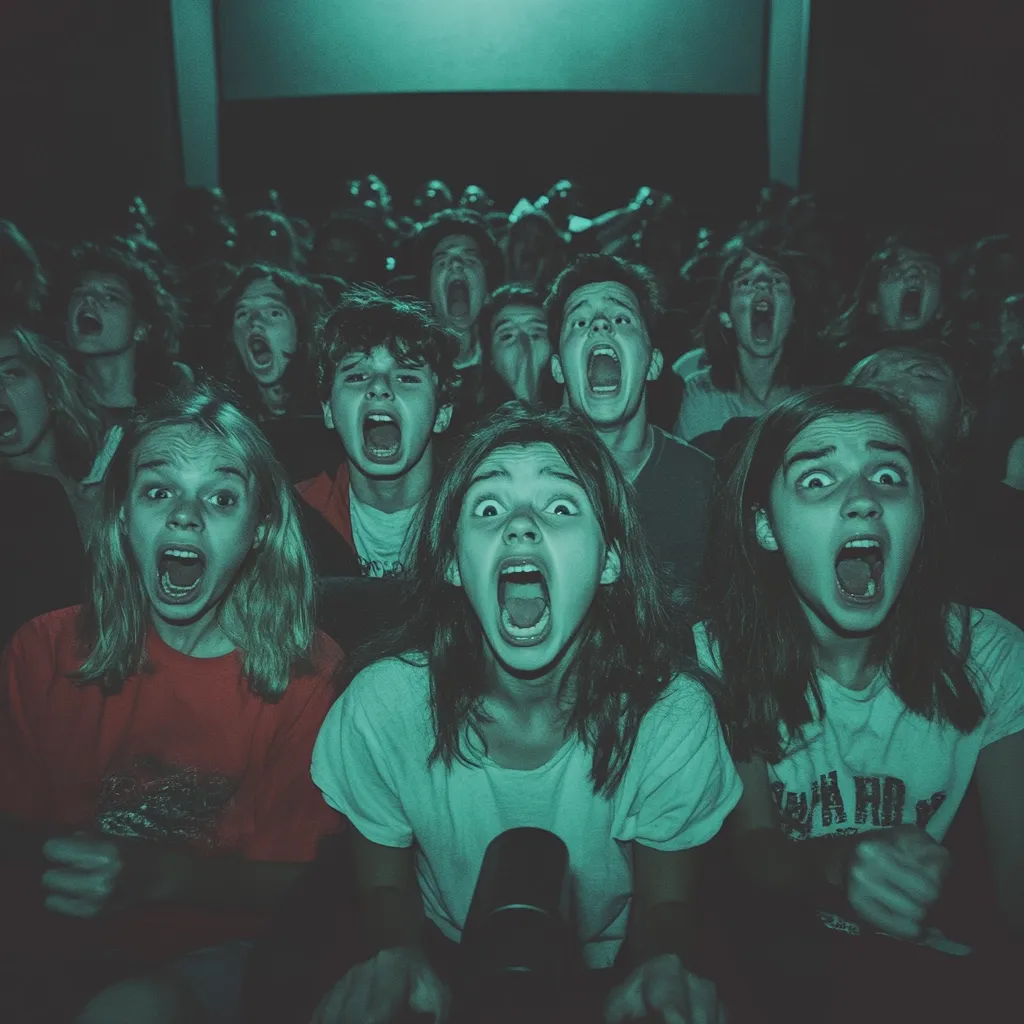 A darkened movie theater is filled with a crowd of young people, their faces illuminated by an eerie green light.  Every individual is depicted with their mouth wide open in a scream of terror or shock, their expressions unified by intense fear.  The overall image evokes a scene from a horror film, capturing the collective reaction to a terrifying moment on screen. The close-up framing emphasizes the visceral nature of their shared experience.