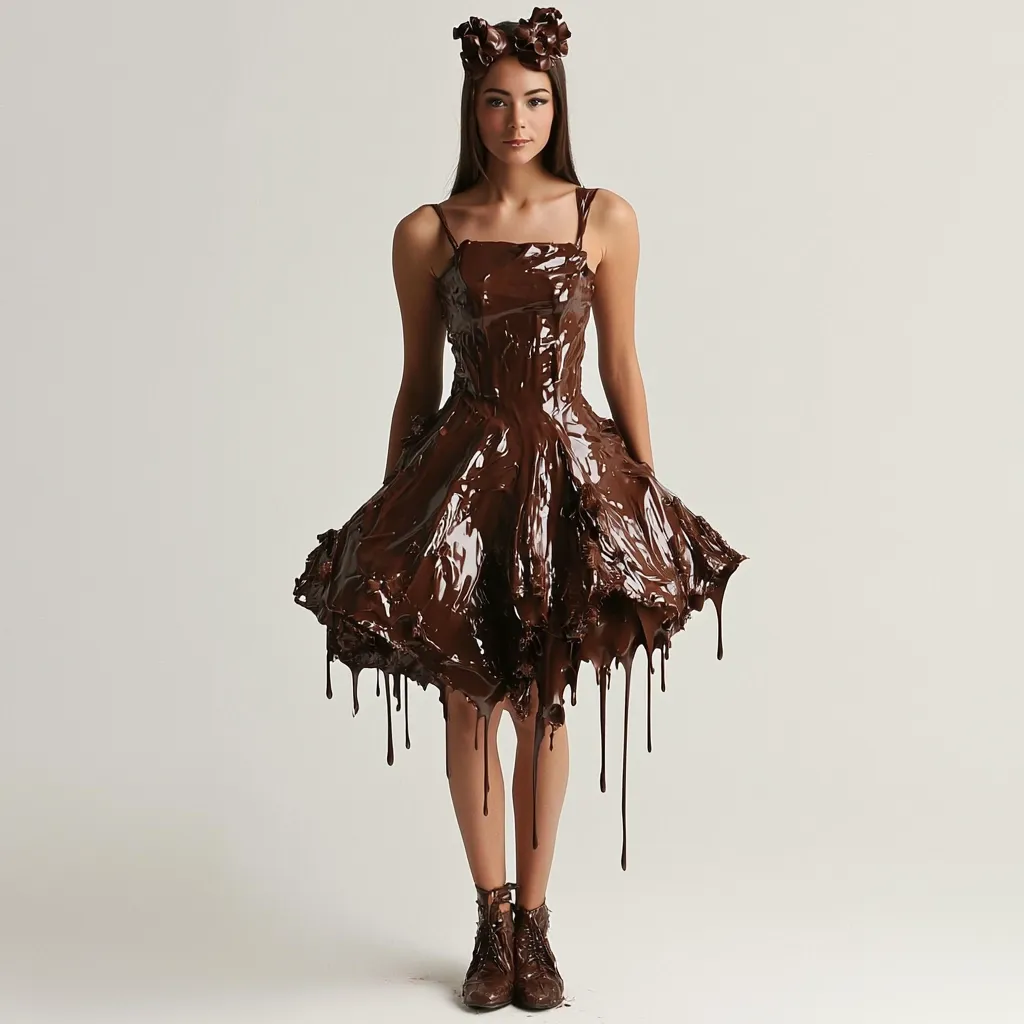 A young woman stands against a light gray backdrop, wearing a captivating dress seemingly made of melted chocolate.  The rich brown confection coats her fitted bodice and flared skirt, with streams of chocolate dripping down the hemline.  She wears dark brown boots and a matching chocolate-colored headpiece, completing the decadent, almost surreal, ensemble.  Her expression is serious and poised, emphasizing the unusual nature of her attire.