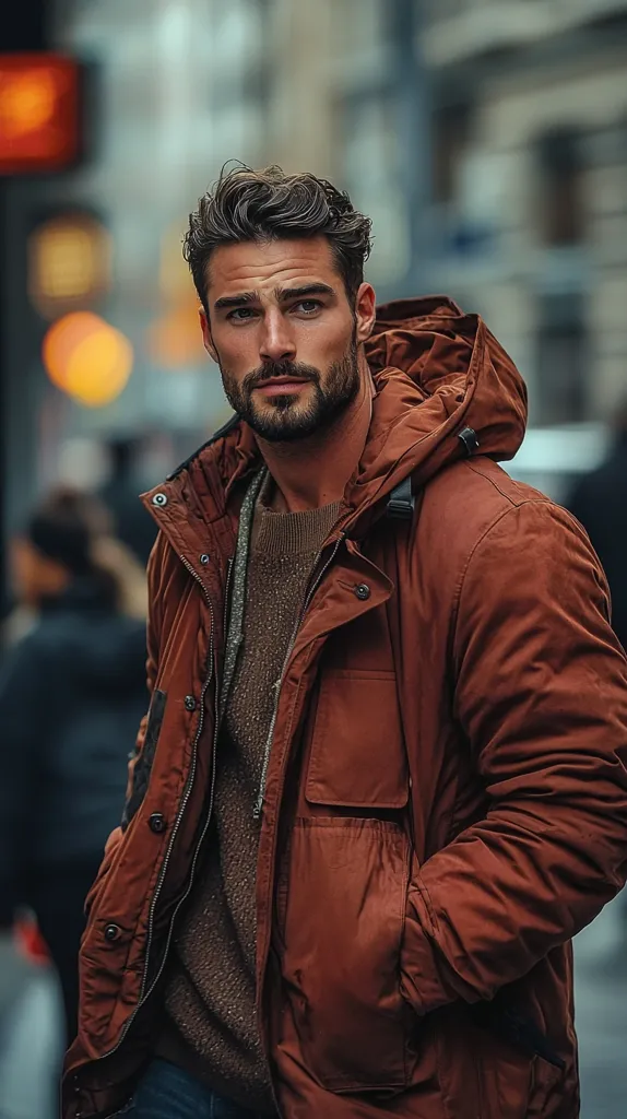 A man with dark, styled hair and a well-groomed beard stands outdoors, wearing a rust-colored hooded parka over a brown sweater.  His expression is serious, his gaze directed towards the viewer.  The background is blurred, suggesting a city street with bokeh lights, indicative of an urban setting. The overall mood is stylish and subtly masculine. The focus is sharply on the man, highlighting his features and attire.