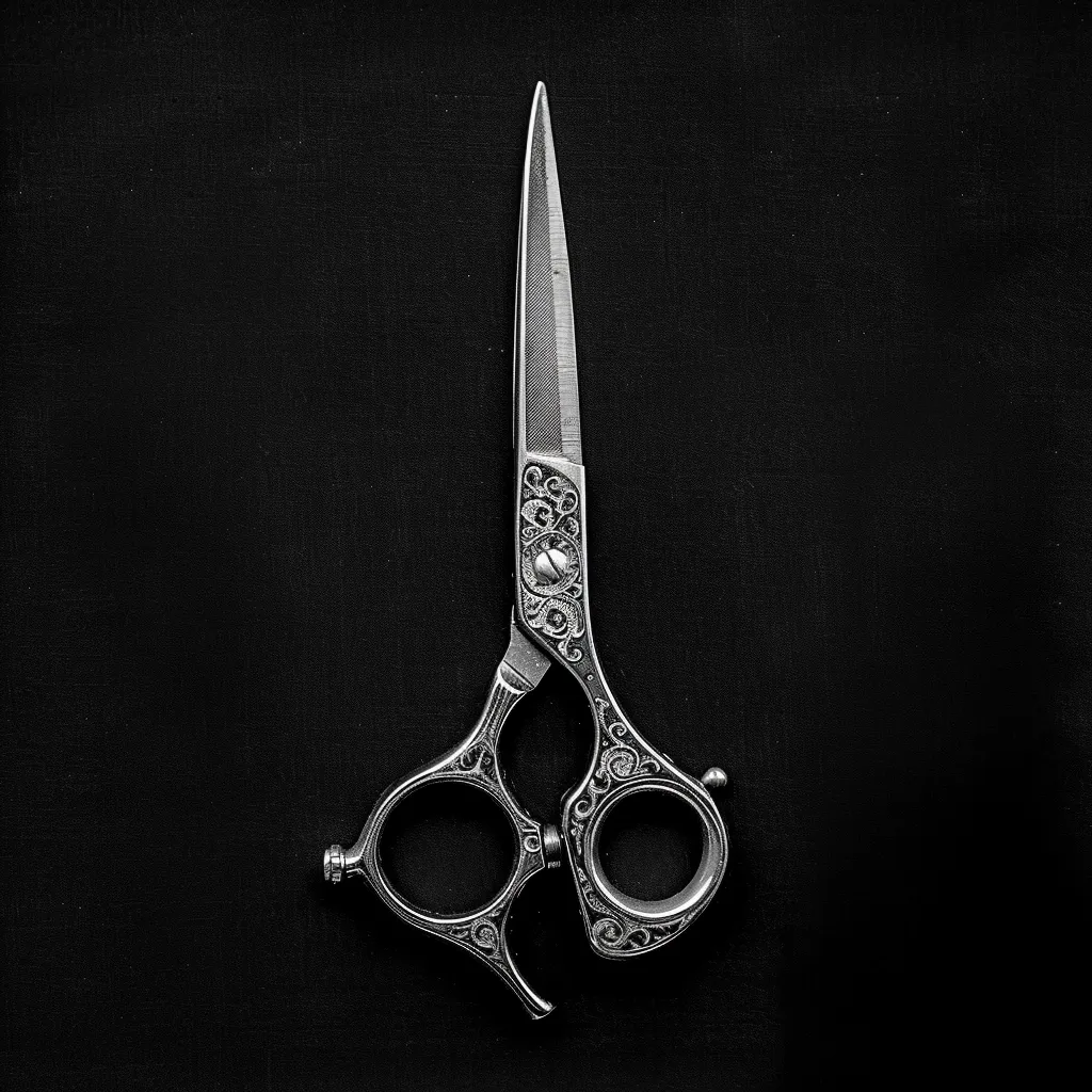A pair of ornate, silver hairdressing shears rests against a black backdrop.  The scissors feature intricate, engraved details on the handles, contrasting with the sleek, sharp blades. The image is sharply focused, highlighting the metallic sheen and the craftsmanship of the tools. The dark background emphasizes the elegance of the shears.  The overall aesthetic suggests a professional or high-end barbering or hair styling setting.