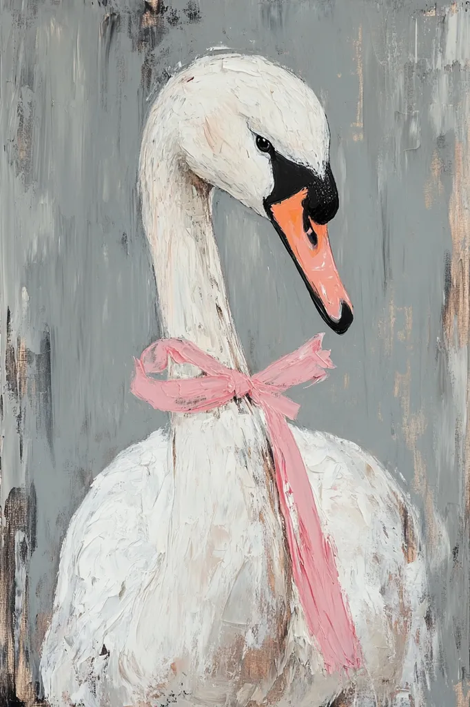 Here is a description of the image:

The painting depicts a swan, rendered in a textured, impasto style. The swan is primarily white, with the artist using thick brushstrokes to create a sense of volume and feather texture. Its beak is a soft orange, and its eye is dark and expressive. A pale pink ribbon is tied around its neck, forming a bow.  The background is a muted gray with visible brushstrokes, providing a contrast to the white of the swan. The overall mood is serene yet slightly whimsical, due to the unexpected addition of the ribbon.