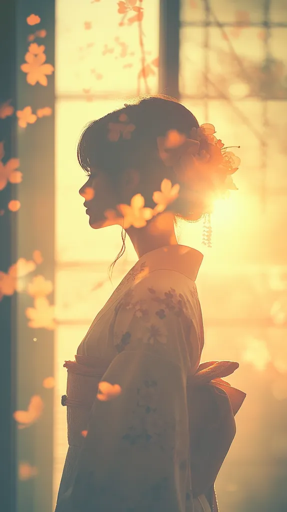 Here's a description of the image:

The image is a softly-lit, artistic portrait of a young woman, possibly Japanese, in profile view.  She is wearing a pale kimono adorned with subtle floral patterns.  The setting sun casts a warm, golden glow, backlighting her figure and creating a hazy, ethereal atmosphere.  Delicate, translucent petals, possibly cherry blossoms, drift around her, adding to the dreamlike quality. The background suggests a window frame and features a muted, out-of-focus background that enhances the overall serene, contemplative mood. The woman's expression is calm and serene, her gaze directed away from the viewer.