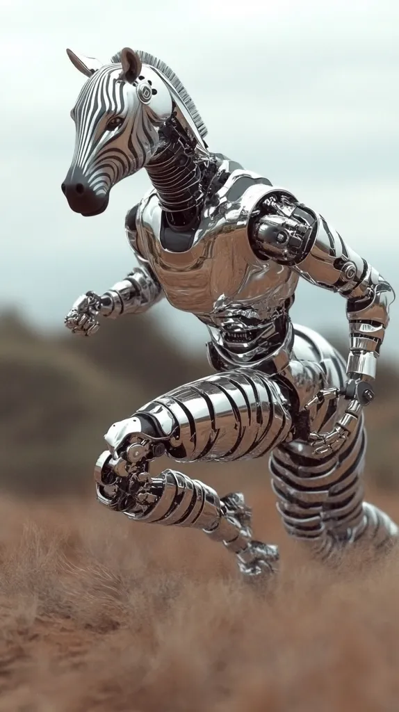 A chrome robotic zebra is depicted mid-stride across a sandy landscape.  Its metallic body gleams, revealing complex mechanical joints and a sleek design.  The zebra's head and distinctive stripes are faithfully rendered, creating a striking contrast between organic form and technological construction. The robot appears powerful and dynamic, conveying a sense of speed and strength. The background is blurred, drawing focus to the intricate details of the robotic animal.