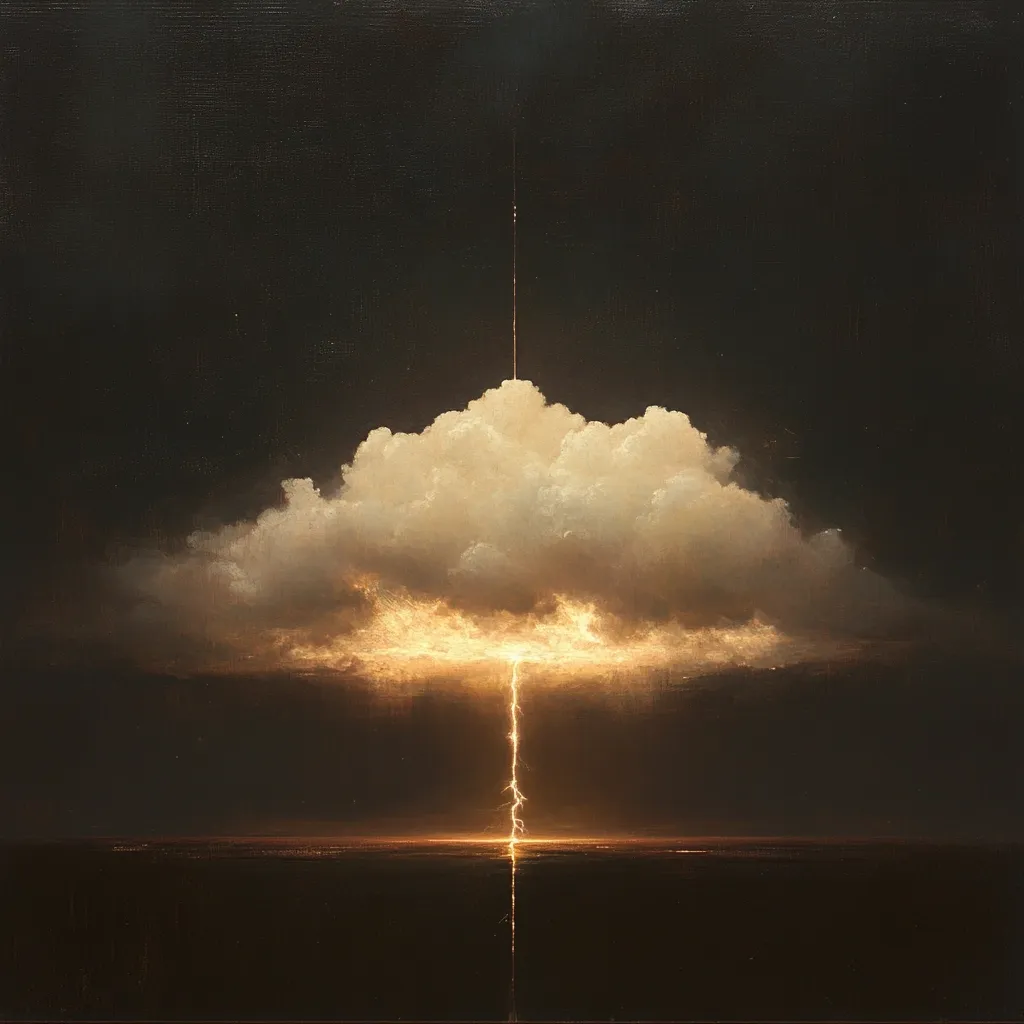 The painting depicts a dramatic, almost surreal, nighttime scene. A large, luminous cumulus cloud dominates the center, from which a single, golden lightning bolt streaks down to a dark, still body of water.  The sky is a deep, moody black, enhancing the contrast and emphasizing the ethereal glow of the lightning and cloud. The overall mood is one of awe and quiet intensity.  The artist employs a masterful use of light and shadow to create a sense of depth and mystery.