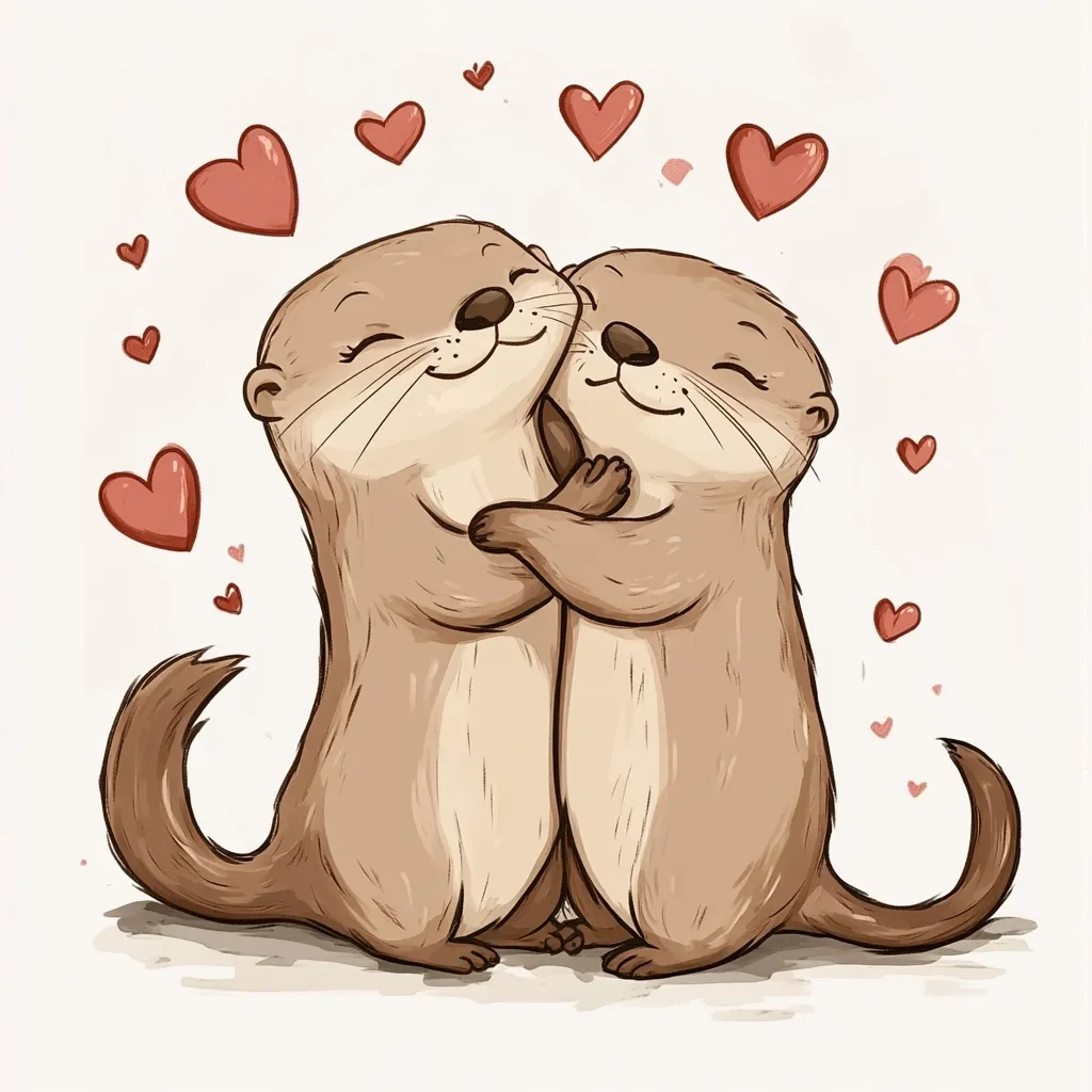 Here's a description of the image:

The illustration shows two adorable otters embracing in a warm hug.  Their eyes are closed, conveying a sense of contentment and affection.  Surrounding the otters are numerous small red hearts, scattered against a white background, enhancing the romantic and loving atmosphere. The otters are drawn in a cartoonish style with soft, gentle features. The overall style is cute and heartwarming, perfect for a Valentine's Day card or a symbol of love and companionship.