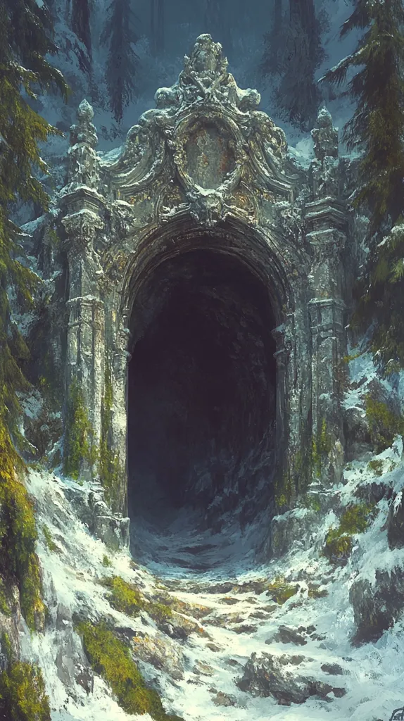 Here's a description of the image:

The image depicts a stone archway, intricately carved with baroque ornamentation, nestled within a snow-covered, mountainous landscape.  The archway, seemingly ancient and weathered, leads to a dark, shadowy tunnel disappearing into the mountain.  The stone is aged and mossy, with snow clinging to its crevices.  Evergreen trees partially obscure the scene, adding to the mysterious and possibly foreboding atmosphere.  A rocky path, dusted with snow, leads towards the entrance of the tunnel. The overall mood is one of both wonder and a touch of eeriness.