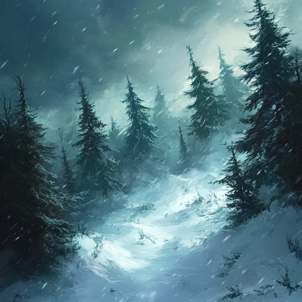 A digital painting depicts a snow-laden, evergreen forest during a blizzard.  The scene is rendered in cool, muted tones of blue and green.  Snow falls heavily, obscuring the depth of the woods.  Tall, dark pines stand silhouetted against a stormy sky, their branches laden with snow.  A winding path, barely visible under the accumulating snow, disappears into the heart of the wintry landscape. The overall mood is one of quiet, isolated desolation.