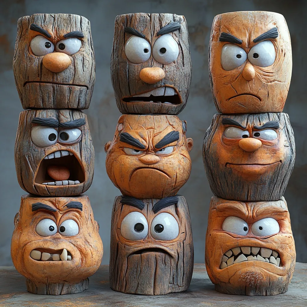 Here's a description of the image:

Six stacks of three carved wooden faces, each depicting a different exaggerated angry or grumpy expression.  The faces are cartoonish with large eyes, pronounced brows, and varying mouths showing anger, shouting, or snarling. The wood grain texture is visible, giving a rustic feel, while the painted faces are expressive and slightly unsettling. The stacks are arranged in two rows, creating a visually striking and slightly humorous display.