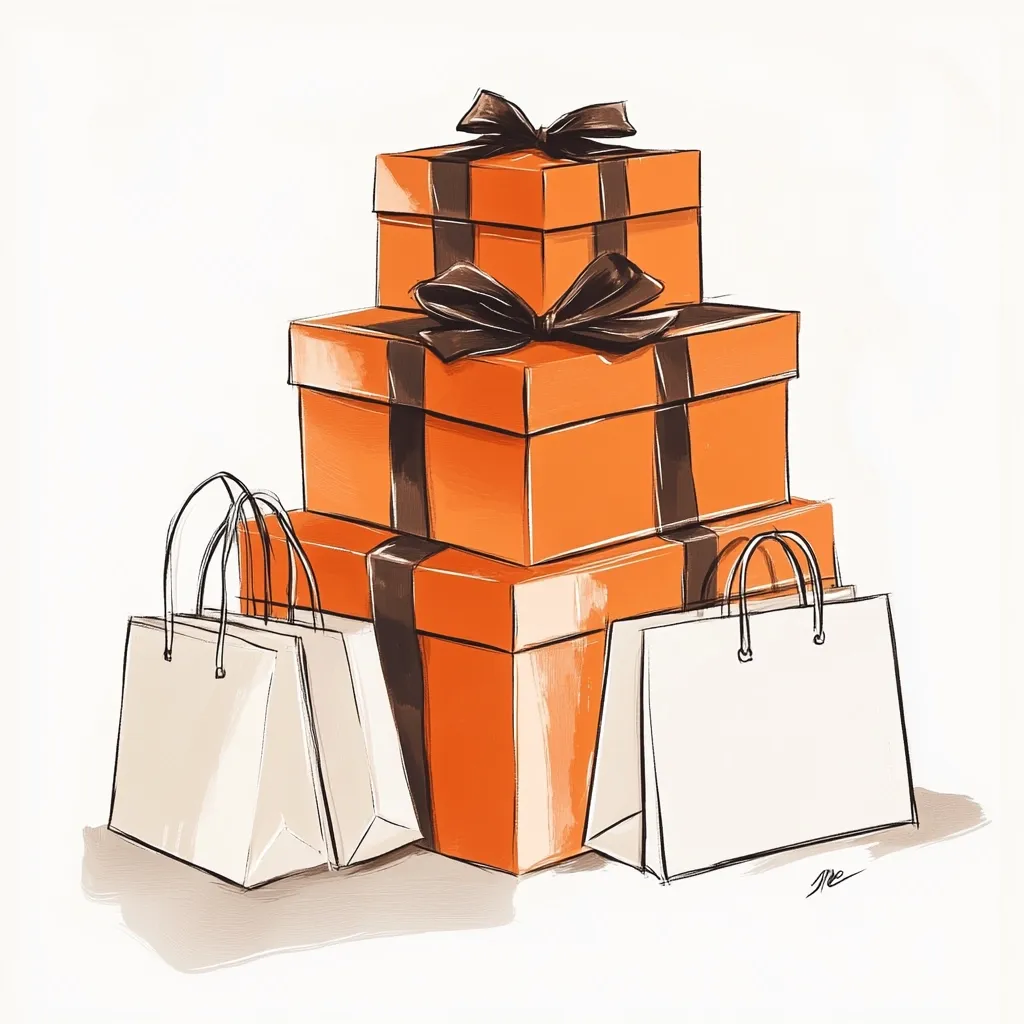 Here's a description of the image:

The illustration showcases a stack of three vibrant orange gift boxes, each adorned with a large, dark brown ribbon.  The boxes decrease in size from bottom to top, creating a visually appealing pyramid shape.  Nestled at the base of the gift boxes are two off-white shopping bags, suggesting a recent shopping spree. The style is loose and painterly, with visible brushstrokes contributing to a soft, slightly impressionistic feel. The overall image evokes a sense of luxury and celebration, possibly related to gift-giving or a special occasion.