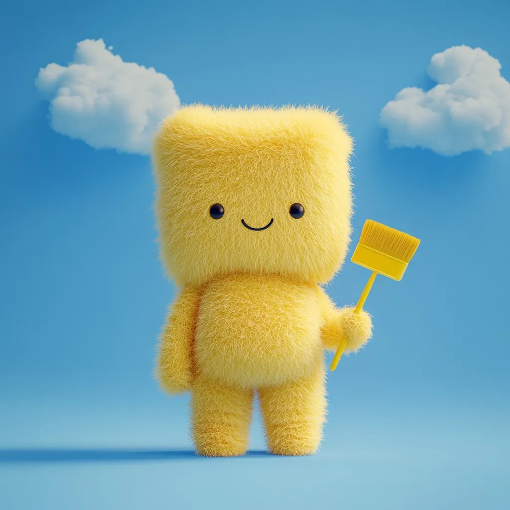 A cheerful, fluffy, yellow creature, shaped like a cube with tiny arms and legs, stands against a light blue background.  Two fluffy white clouds are visible in the upper corners. The creature holds a small yellow brush, suggesting a playful cleaning theme. Its simple, smiling face adds to its endearing and friendly character. The overall image is bright, whimsical, and evokes feelings of happiness and cleanliness.