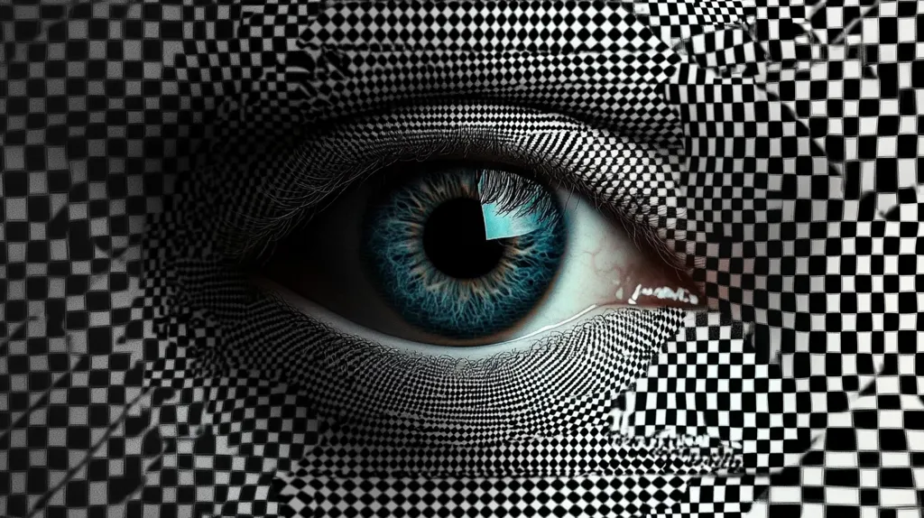 A close-up image showcases a striking blue eye, its iris detailed and vibrant.  The eye is framed by skin textured with a distorted, swirling black and white checkered pattern, creating a mesmerizing optical illusion. The contrast between the sharp focus of the eye and the warped background adds depth and intrigue to the image, suggesting a theme of perception or reality distortion. The overall effect is surreal and visually captivating.