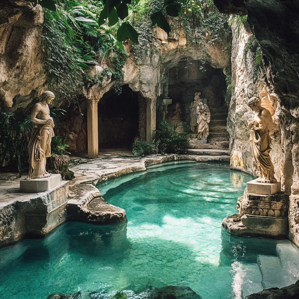 Here is a description of the image:

The photograph captures a serene, almost ethereal scene.  A turquoise pool, nestled within a grotto-like setting, is the centerpiece.  Ancient-looking stone statues, reminiscent of Greek or Roman artistry, stand sentinel at either end of the pool. Lush greenery, including vines and plants, cascades down the rock walls, enhancing the mystical ambiance. The architecture suggests a blend of classical and natural elements, creating a captivating and dreamlike atmosphere.  The overall impression is one of tranquility and hidden beauty.