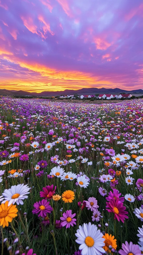 A breathtaking sunset paints the sky in vibrant hues of orange, pink, and purple.  Below, a vast field of wildflowers explodes with color – a sea of daisies in various shades of purple, white, and orange.  The flowers stretch to the horizon, where a small cluster of houses nestles against a low mountain range. The scene is idyllic, serene, and bursting with natural beauty.