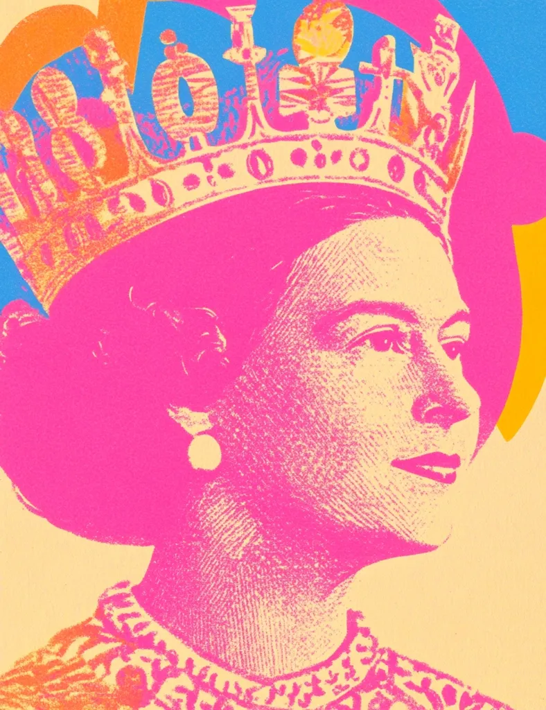 Here's a description of the image:

The image is a stylized portrait of Queen Elizabeth II, rendered in a vibrant, pop-art style.  Predominantly pink and yellow, with accents of orange and blue, the Queen is depicted from the chest up, wearing her crown. The crown is detailed and intricately rendered, contrasting with the bold, almost screen-printed style of the portrait itself.  The color palette is bold and saturated, giving the image a modern and energetic feel, while the subject remains regal.  The overall effect is a striking juxtaposition of traditional and contemporary aesthetics.