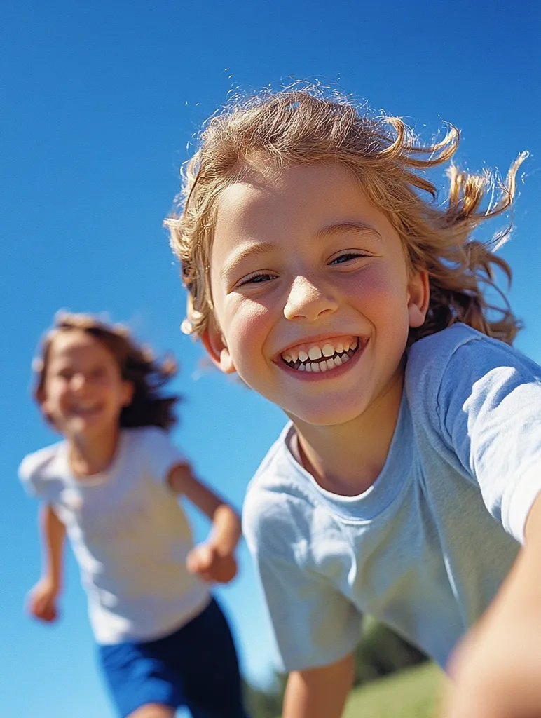 Here's a description of the image:

The photograph captures two young girls joyfully running outdoors on a bright, sunny day. The foreground is dominated by a close-up of one girl, her face beaming with a wide, toothy grin, her light brown, wavy hair blowing in the wind. She's wearing a light blue t-shirt.  The second girl, slightly out of focus in the background, is also running and appears to be wearing a white t-shirt and dark shorts. The vibrant blue sky provides a stark contrast to the girls' bright clothing and cheerful expressions, creating a feeling of carefree fun and summer energy.