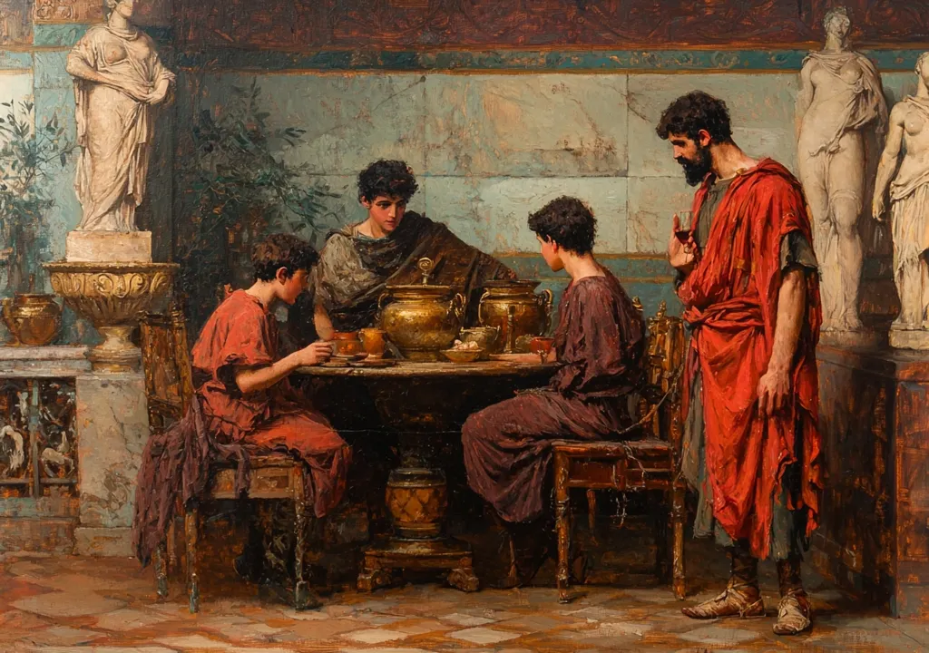 The painting depicts a scene of Roman domestic life. Four figures, dressed in togas of varying shades of red and maroon, are seated around a low table laden with golden vessels.  Two younger individuals appear to be partaking in a meal or drink, while an older man, standing, holds a goblet. A fourth figure sits observing.  Classical statues flank the scene, adding to the sense of ancient Roman setting. The rich color palette and painterly style create a warm, intimate atmosphere.
