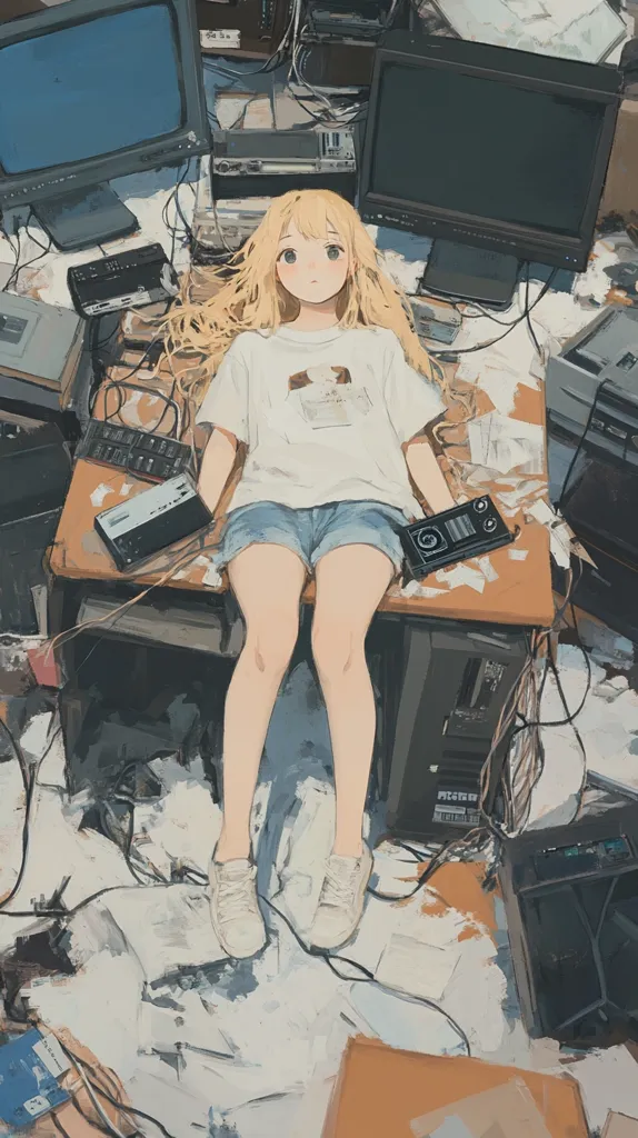 A young anime girl with long blonde hair sits on a cluttered desk surrounded by vintage electronics.  Old CRT monitors, keyboards, and what appear to be cassette players and VCRs are strewn around her, along with tangled wires and papers. She's wearing a white t-shirt and denim shorts, her expression calm amidst the technological chaos. The overall style is painterly and slightly melancholic.