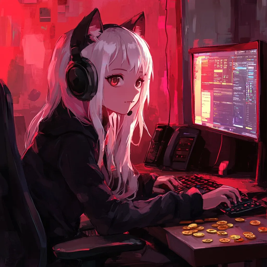 Here's a description of the image:

The illustration showcases an anime girl with long white hair and cat ears, engrossed in a computer game.  She wears black headphones and a dark hoodie, illuminated by a red ambient light that casts dramatic shadows.  The girl's focused expression and posture suggest intense concentration.  Her desk is cluttered with a keyboard, computer, and what appears to be a pile of gold coins, possibly representing in-game currency or rewards. The overall style is digital painting, with a painterly texture and a vibrant color palette dominated by deep reds and blacks.