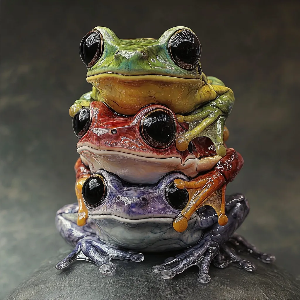 A digitally-created image shows three frogs stacked on top of each other.  The top frog is predominantly green and yellow, the middle frog is reddish-brown, and the bottom frog is a purplish-grey.  All three frogs have large, expressive eyes and detailed textures. The frogs are perched on a dark, textured surface against a blurred background, creating a striking contrast. The overall style is realistic with a slightly whimsical feel.