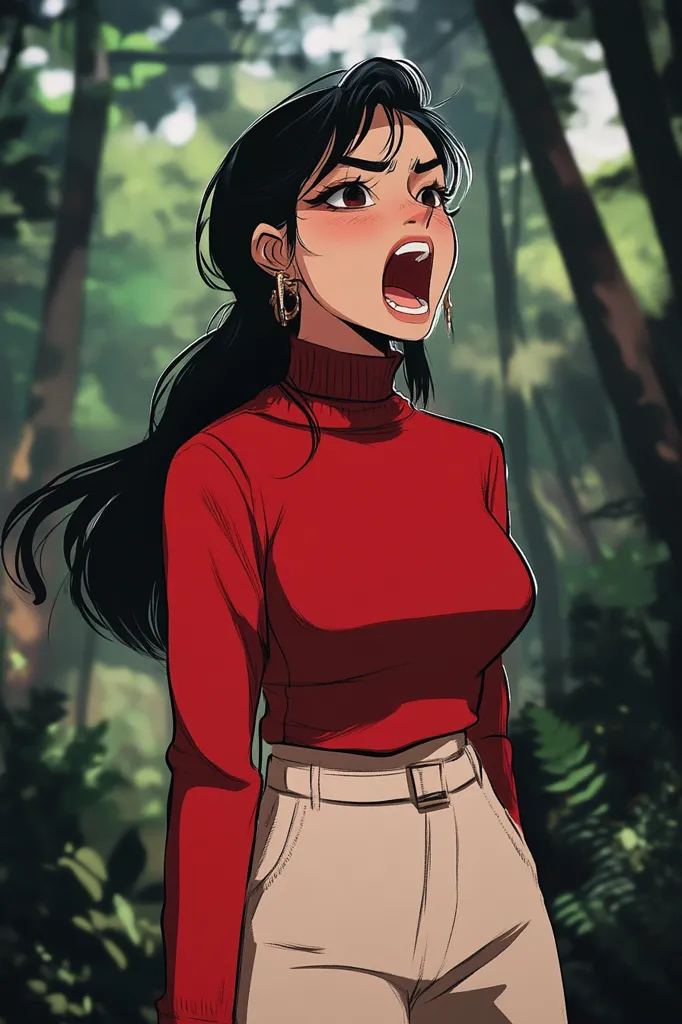 Here's a description of the image:

The illustration showcases a young woman with long, dark hair, styled in a ponytail. She's wearing a vibrant red turtleneck sweater and beige high-waisted pants.  Her mouth is open in a shout, and her expression is one of anger or frustration.  Blush is visible on her cheeks.  She wears gold hoop earrings. The background is a blurred, verdant forest, suggesting an outdoor setting.  The art style is anime-influenced, with bold outlines and a focus on expressive features.