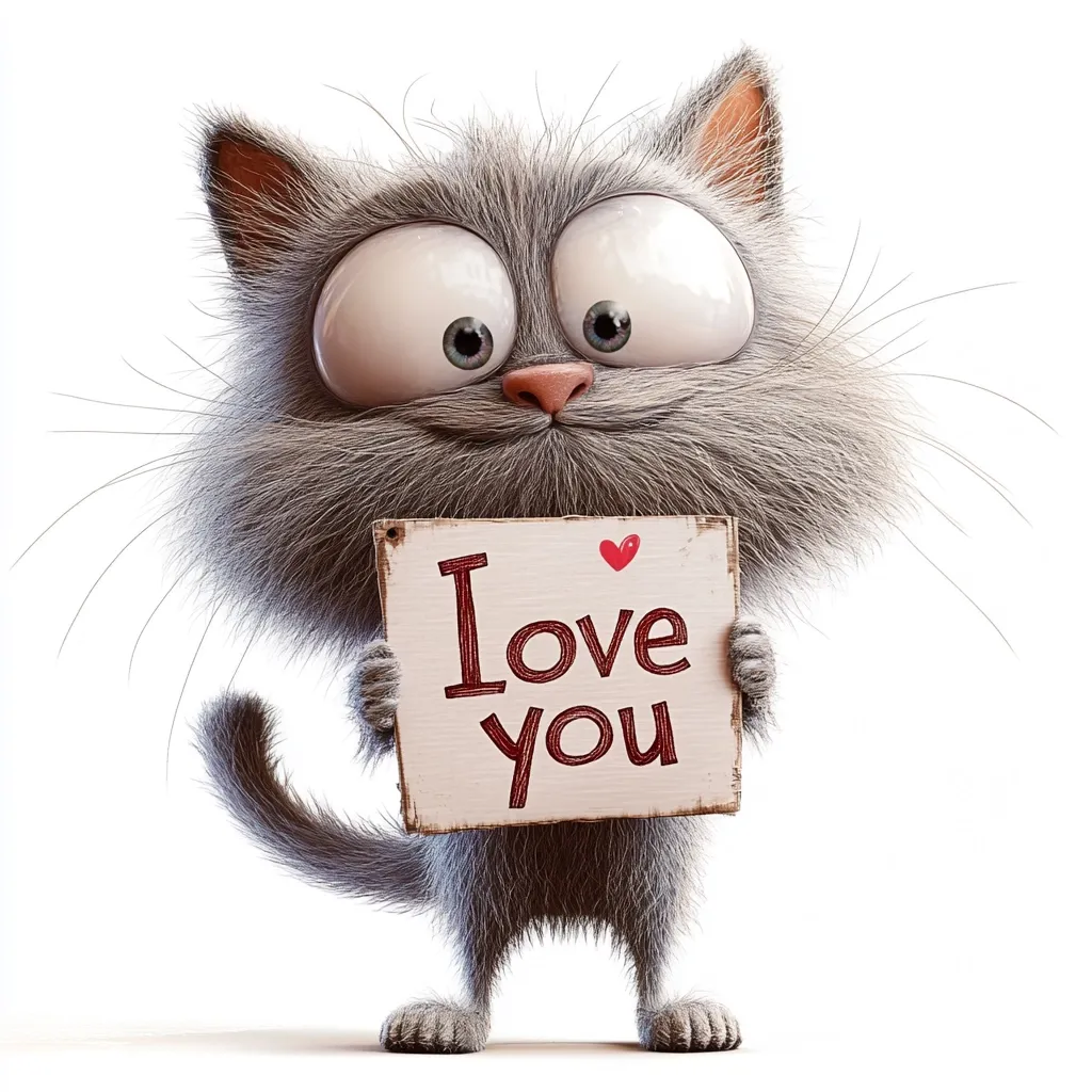 A charming, 3D-rendered cartoon cat, gray and fluffy with oversized eyes, holds a small, rustic sign.  The sign reads "I Love You" in a handwritten-style font, adorned with a tiny red heart. The cat's expression is sweet and endearing, conveying a message of affection.  The image is set against a clean white background, emphasizing the playful character and its loving message.
