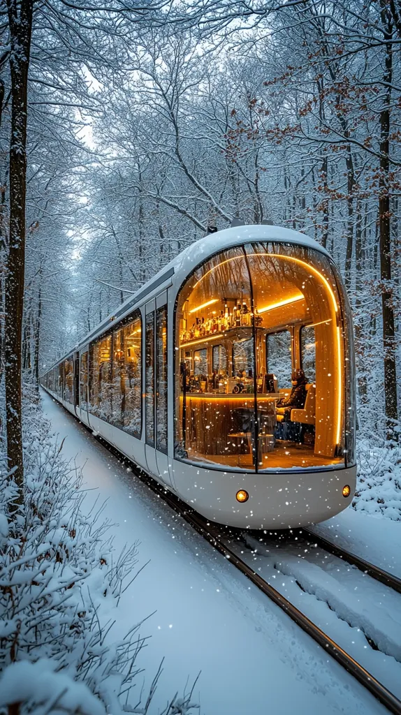A modern, glass-fronted tram glides through a snow-covered winter forest.  The tram's interior, warmly lit, reveals a bar area with bottles and seating.  Snow gently falls, creating a magical, serene atmosphere. The scene is tranquil and picturesque, highlighting the contrast between the warm interior of the train and the cold, snowy landscape. The trees are laden with snow, and the tracks are visible beneath a layer of fresh powder.