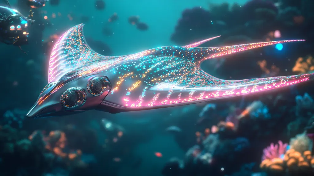 Here's a description of the image:

The image depicts a bioluminescent stingray-like creature, seemingly futuristic or from a fantasy setting. Its body is a metallic silver, adorned with vibrant, multicolored lights that resemble embedded LEDs, creating a dazzling effect in the dark underwater scene.  The creature has large, round, metallic eyes and a sleek, streamlined design. It swims gracefully amidst a blurred background of coral and other marine life, suggesting an ocean environment.  The overall color palette is cool-toned, with blues and greens dominating, contrasting beautifully with the warm hues of the creature's lights. The scene is highly detailed and evokes a sense of wonder and mystery.