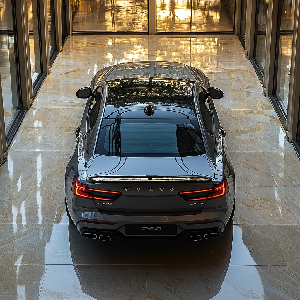 Here is a description of the image:

The image shows a silver Volvo C40 Recharge 260, viewed from directly above and slightly behind. The car is parked in a modern, spacious interior with polished light beige/tan marble flooring and large glass panels on either side, allowing for natural light to illuminate the space. The car's rear is sharply in focus, highlighting the Volvo logo and model designation. The reflection of the car and surroundings is visible on the floor, adding to the sleek and polished atmosphere. The overall impression is one of luxury and modernity.