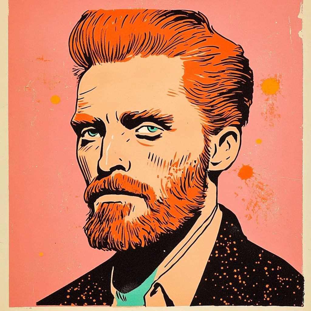Here's a description of the image:

The image is a stylized portrait of Vincent van Gogh, rendered in a vibrant pop art style.  His fiery red hair and beard are prominent features, sharply outlined against a pale pink background speckled with orange splatters.  The artist uses bold lines and flat colors to create a graphic effect. Van Gogh's expression is serious, almost pensive, and his gaze is directed slightly away from the viewer.  He is depicted wearing a dark jacket over a light teal collared shirt. The overall effect is bold, modern, and a playful take on a classic subject.
